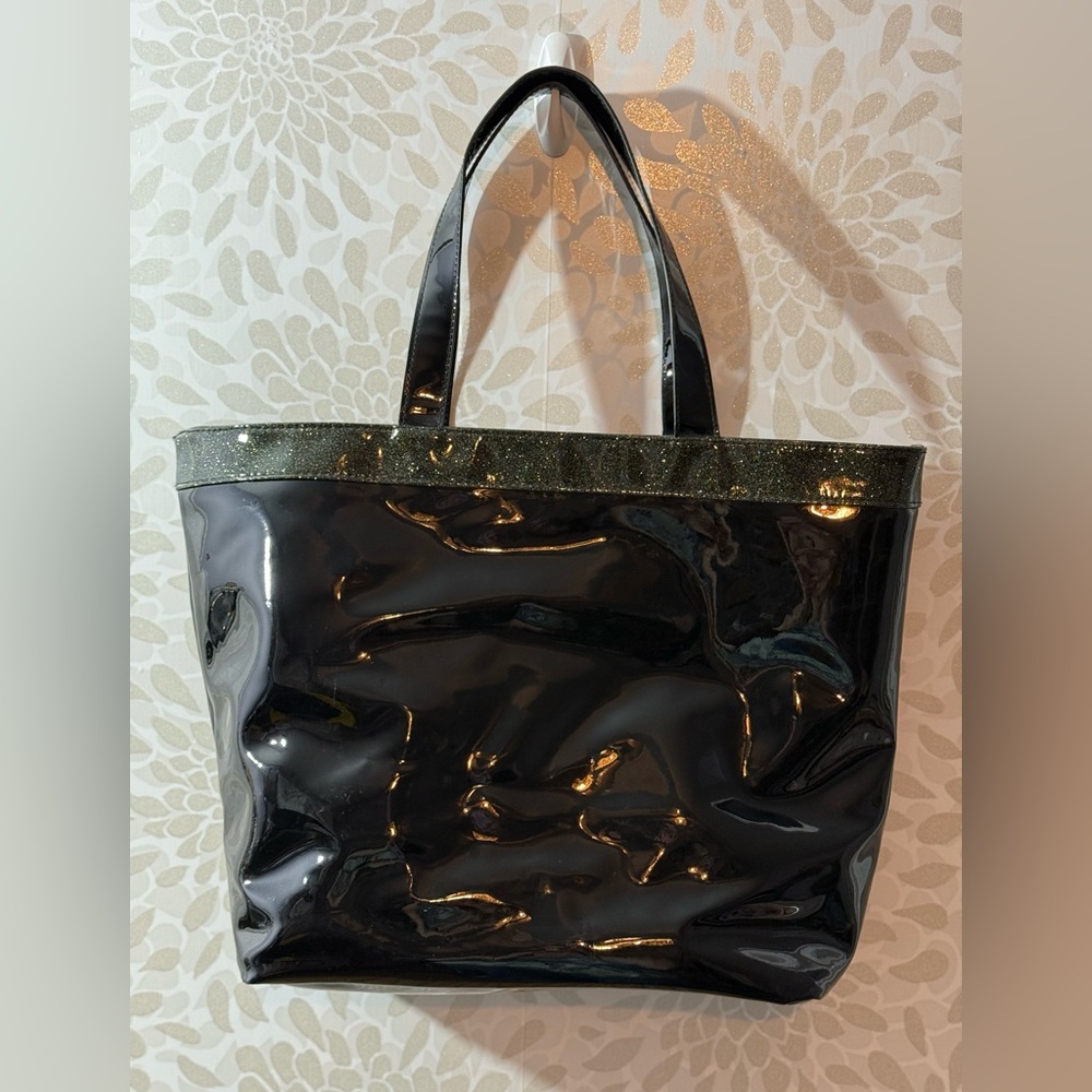 Jimmy Choo Parfums Black Shiny Glossy Patent Glitter Trimmed Tote Bag - Picture 2 of 12